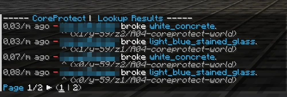CoreProtect lookup: time, player, action and block per entry