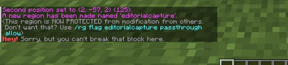 WorldGuard chat output: region created, protection active, break denied